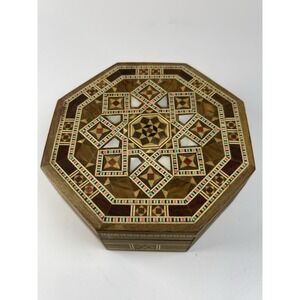 Vintage Octagonal Mosaic Wood Box Lined with Hinged Lid Marquetry Detail
